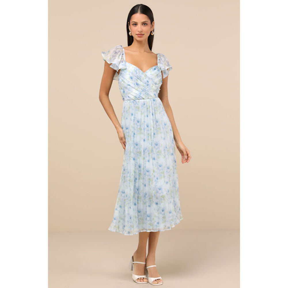 Lulus Gorgeous Presence Blue Floral Pleated Lace-up Midi Dress - Size S